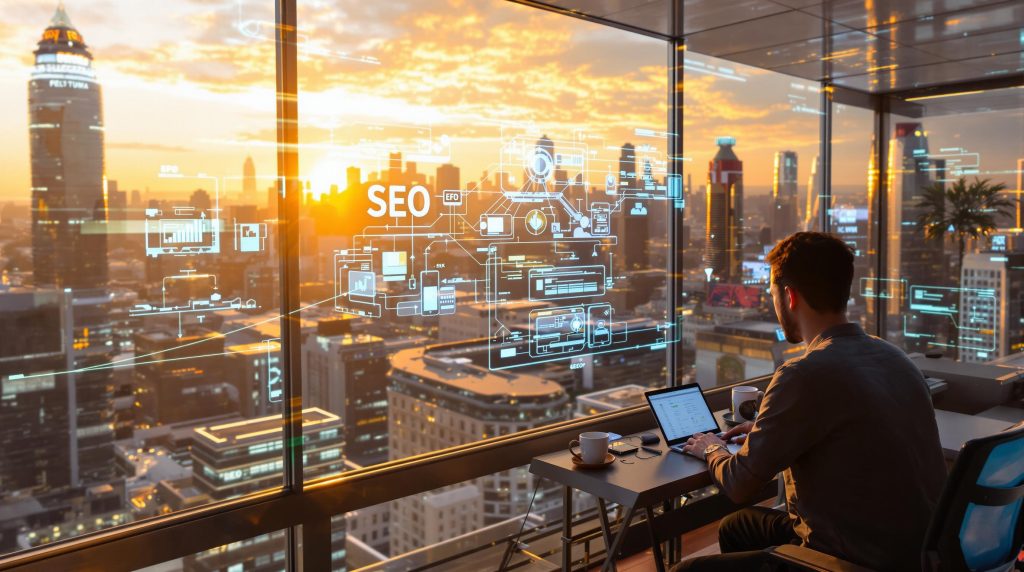 Homme travaillant sur un ordinateur portable avec une vue urbaine et des graphiques SEO affichés
