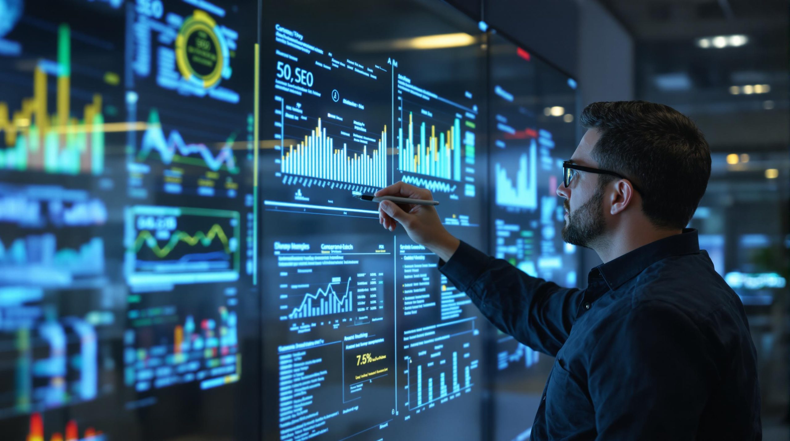 Man analyzing data on a large screen with charts and graphs