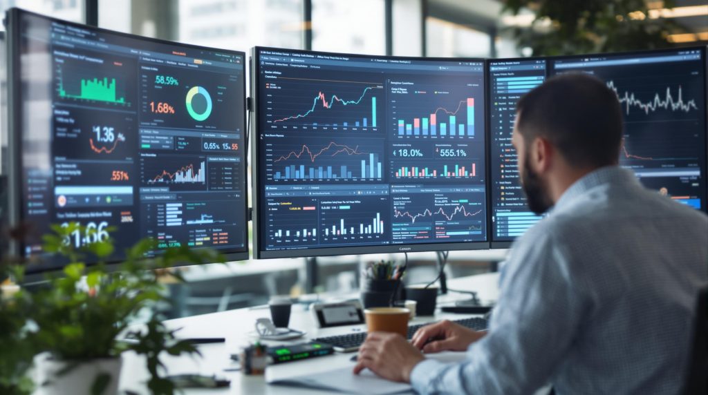 Man analyzing stock market data on multiple monitors