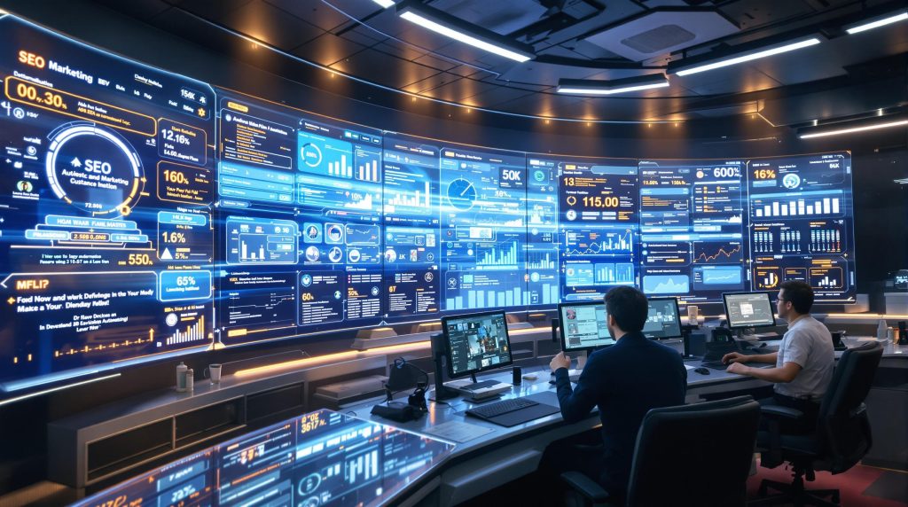 Image of a high-tech control room with data dashboards and analysts