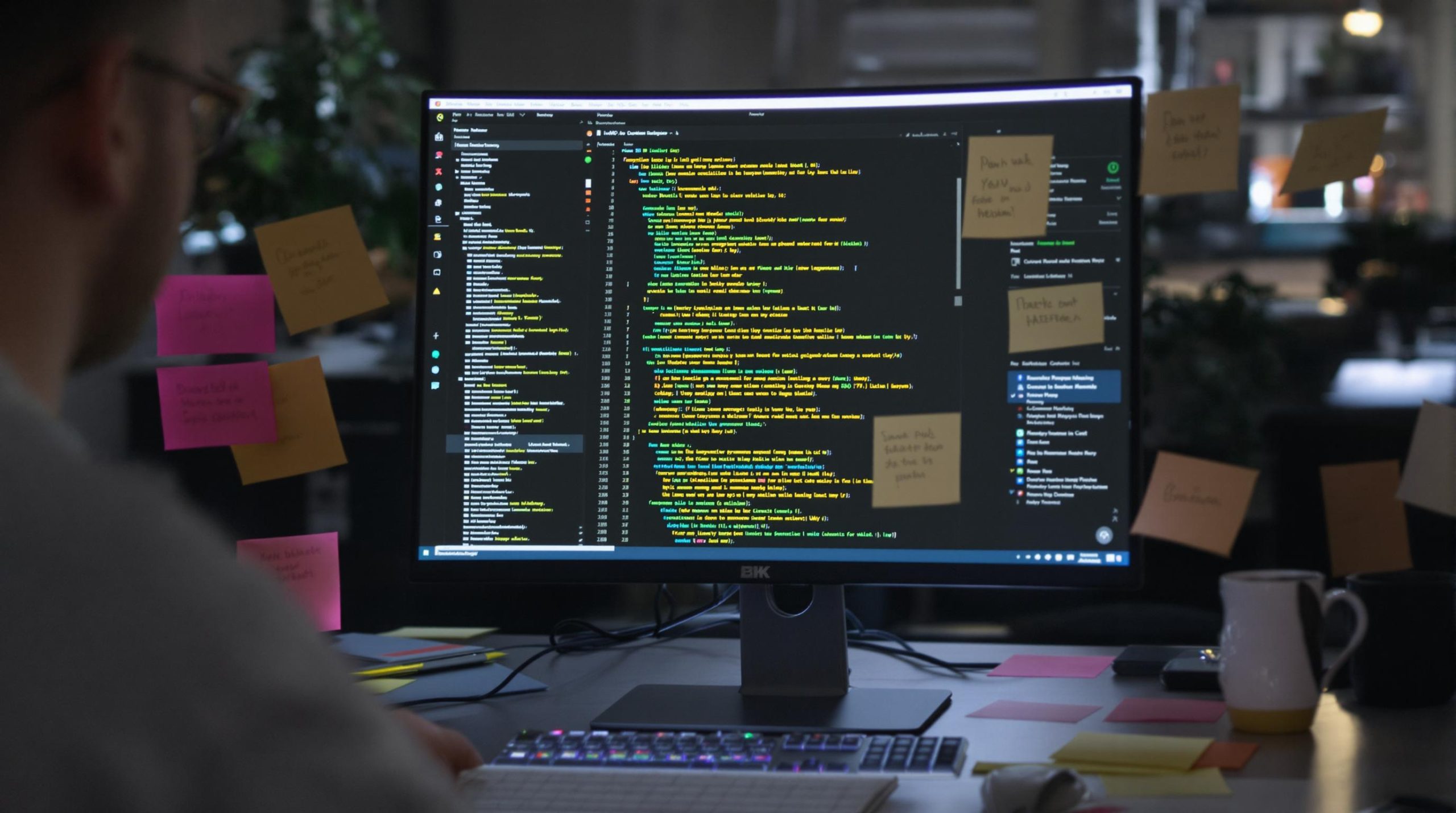 Person coding on a computer with sticky notes on the screen