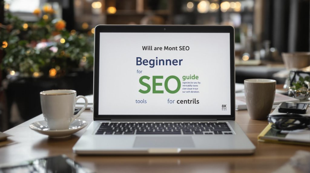 Laptop displaying 'Beginner SEO guide' on a desk with coffee and accessories.
