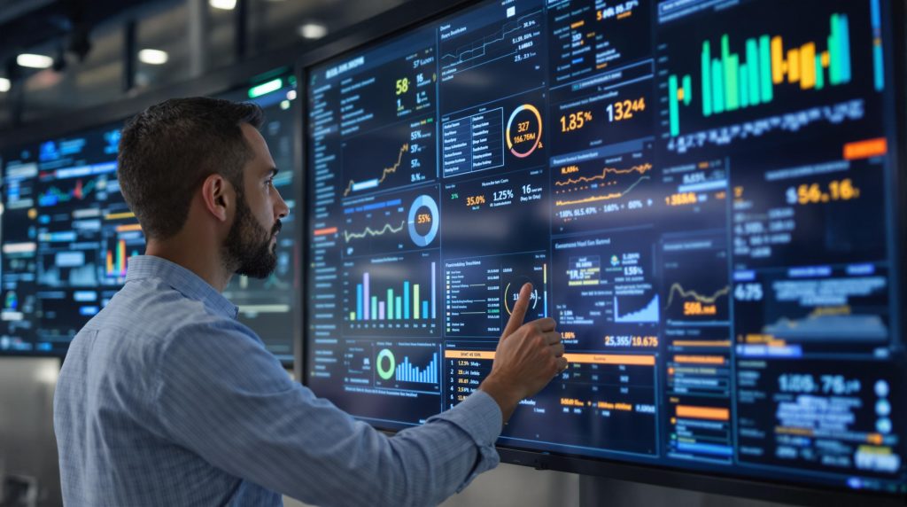 Man analyzing data on a large screen displaying various charts and graphs