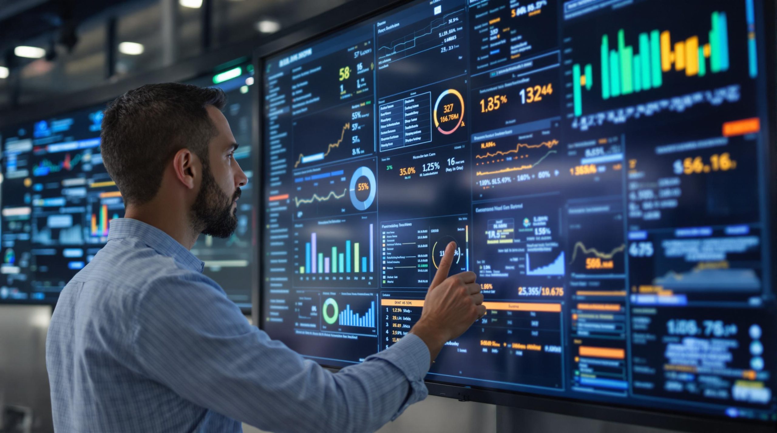 Man analyzing data on a large screen displaying various charts and graphs