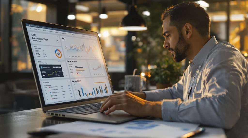 Homme travaillant sur un ordinateur portable affichant un tableau de bord SEO